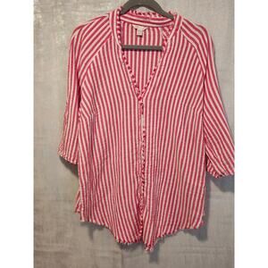 Cato Red White Stripe 14/16W VNeck Beach‎ Flowy Nautical Raw Edge Snap front